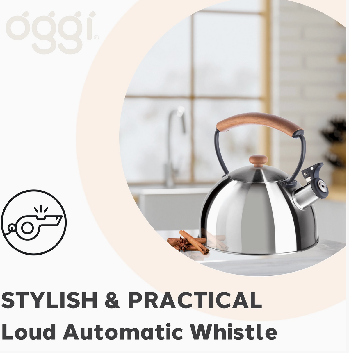Wood Handle Stainless Steel Stovetop Kettle With Whistle by Oggi