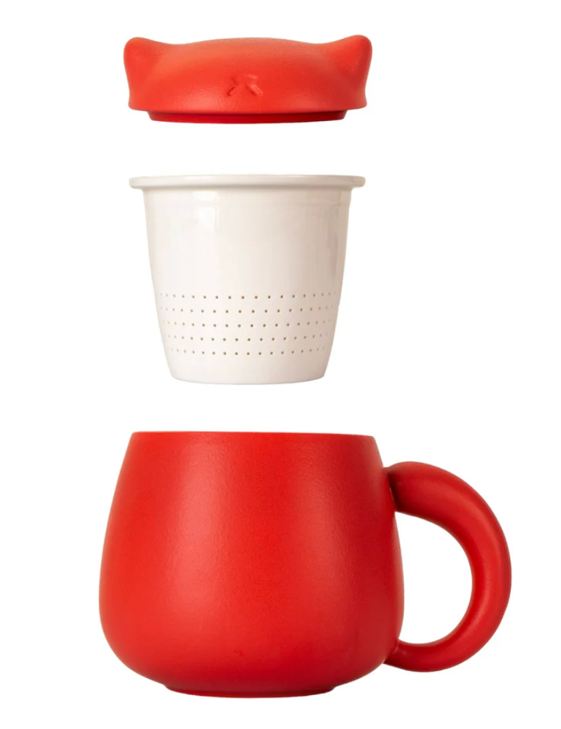 Lucky Cat Mug With Strainer & Lid
