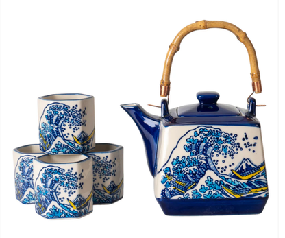 Great Wave Tea Set 20oz Tea Pot with 4 Hexagon Cups by Urban Tokyo