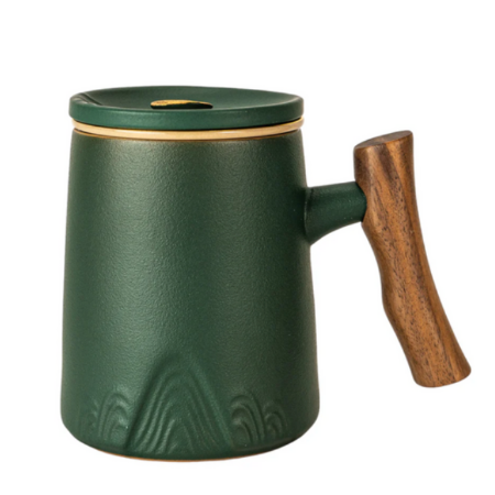 15oz Zen Wood Handle Porcelain Tea Mugs with Lid and Infuser-Green by Urban Tokyo