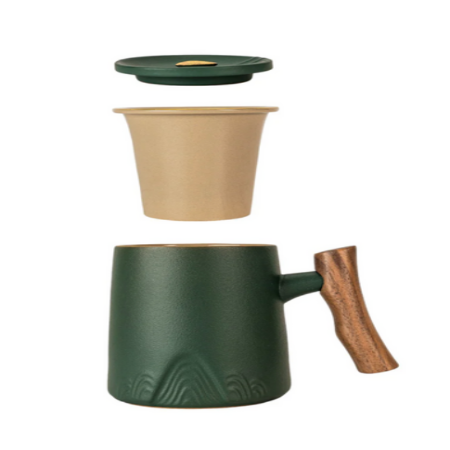 15oz Zen Wood Handle Porcelain Tea Mugs with Lid and Infuser-Green by Urban Tokyo
