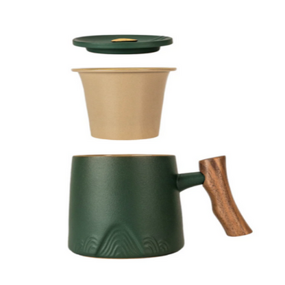 15oz Zen Wood Handle Porcelain Tea Mugs with Lid and Infuser-Green by Urban Tokyo