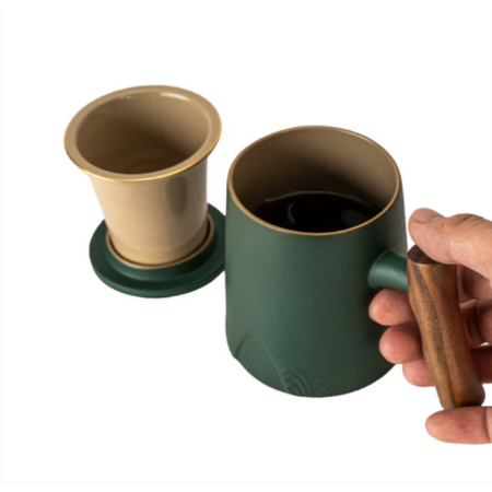 15oz Zen Wood Handle Porcelain Tea Mugs with Lid and Infuser-Green by Urban Tokyo